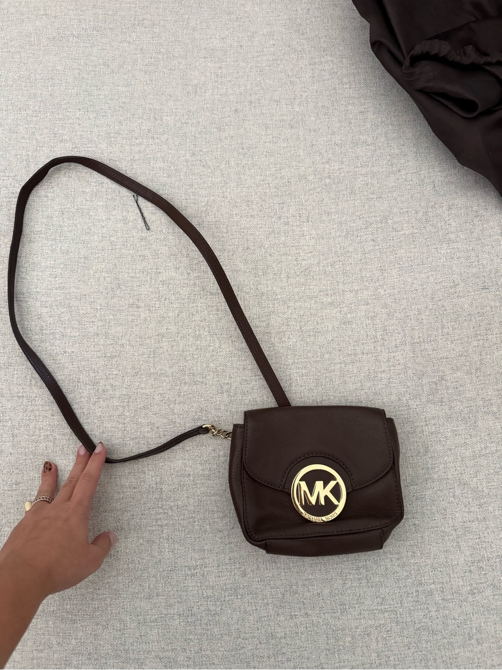 Michael Kors Dark Brown Leather Crossbody with Gold MK Medallion